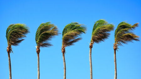 Palm trees bending in the breeze on a sunny tropical day, creating dynamic movement against a backdrop of clear blue skyの素材