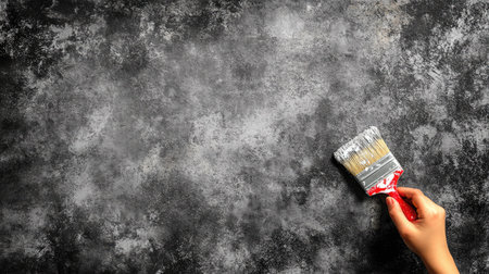 Roller brush with white paint held by hand, pressing against a gray wall, leaving an even, fresh coatの素材