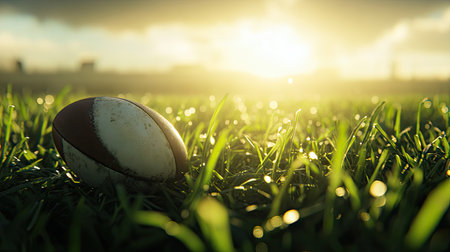 Rugby ball on fresh grass with light catching its texture, perfectly capturing the anticipation of a competitive sports moment.の素材