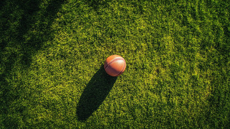Overhead view of a rugby ball on green grass, showcasing the perfect contrast between the ball's texture and the smooth field.の素材