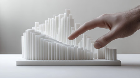 Side view of a hand intercepting falling dominoes on a neutral surface, symbolizing the moment when a chain reaction is stopped.の素材