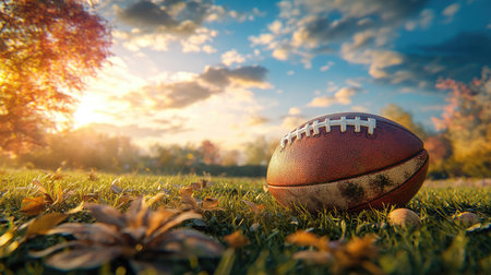 Rugby ball on a lush, vibrant field under clear skies, with the green grass and ball's texture creating a balanced sports image.の素材