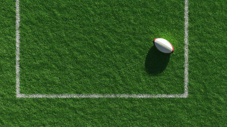 Rugby ball in a grassy field with chalk lines leading to goalposts, capturing the anticipation of a match about to begin.の素材