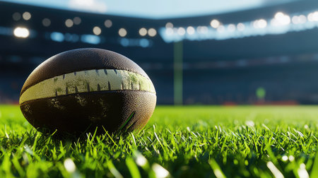 Rugby ball against lush grass, with stadium seating blurred in background, creating a sense of excitement before the crowd arrives.の素材