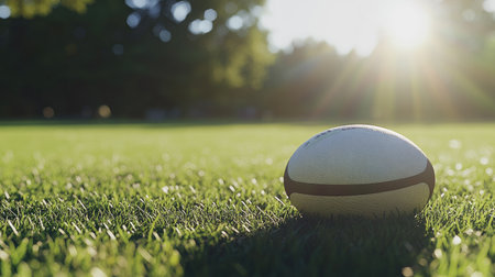 Rugby ball positioned on a grass field, with deep shadows emphasizing its textured surface and the anticipation of the game.の素材