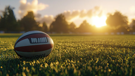 Rugby ball on green field at sunrise, with grass blades glistening, capturing the energy of an early morning match.の素材