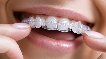 Smiling woman holding up clear braces with a confident, natural look, showcasing the effectiveness of aligners.の素材