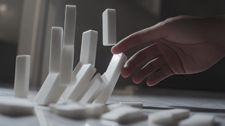 Side view of a hand intercepting falling dominoes on a neutral surface, symbolizing the moment when a chain reaction is stopped.の素材