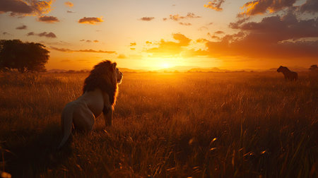 Silhouette of a lion against a vibrant sunset on the savanna, symbolizing majesty and wild beauty in a breathtaking scene.の素材
