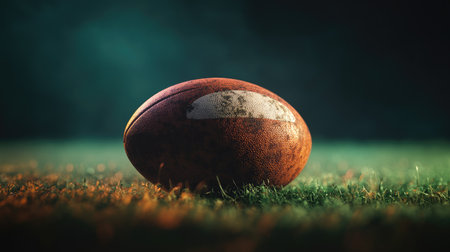 Side view of a rugby ball on green field, showing the field's texture and the pristine state before the game kicks off.の素材