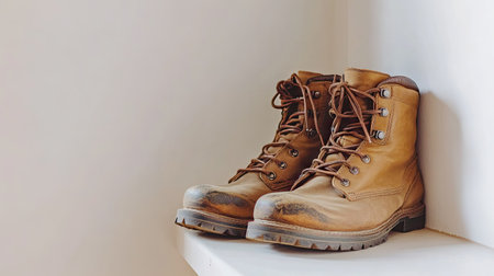 Tan leather boots with rugged details, placed on a clean, neutral background to showcase their stylish and outdoor-ready design.の素材