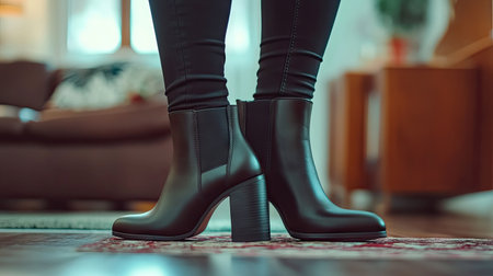 Stylish leather boots with a chunky heel on a light background, showcasing fine craftsmanship and modern elegance for a trendy, minimalist look.の素材