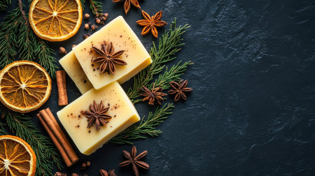 Top view of organic soap bars with cinnamon sticks and dried orange slices, adding a cozy, aromatic touch for a fall theme.の素材
