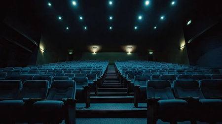 Wide, empty cinema with clean rows of seats and dim lights spacious yet quiet, waiting for viewersの素材