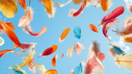 A mix of colorful bird feathers drifting through a clear, expansive sky, each feather suspended in gentle descent.の素材