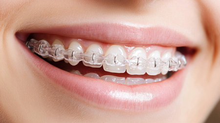 Woman showing clear braces to the camera while smiling, with a clean, bright background for a fresh, healthy look.の素材