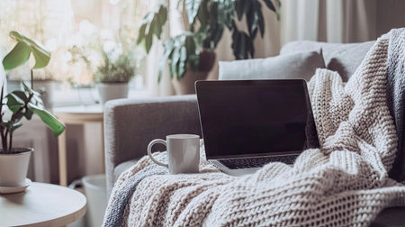 A large knitted wool blanket draped over a couch in a modern living room, with a laptop, coffee mug, and potted plant nearbyの素材