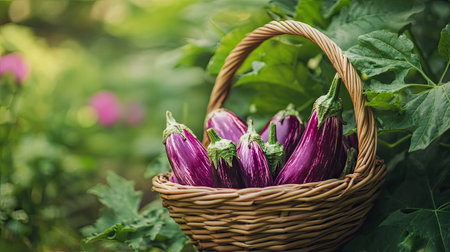 Basket filled with purple Dutch eggplants freshly picked from the garden, set outdoors with lush greenery in the background.の素材
