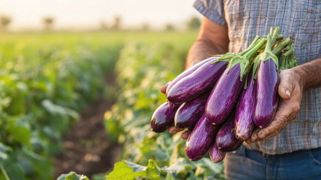 A farmer holding a bunch of freshly harvested Dutch eggplants with a soft, green field backdrop in natural light.の素材