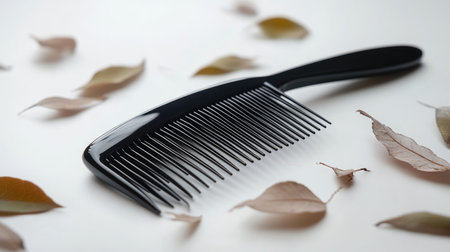 A comb resting on a white background with several fallen hair strands, showing the result of hair loss or excessive sheddingの素材