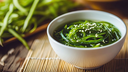 Yard-long beans coiled in a white bowl on a bamboo mat, evoking freshness and simplicity in Asian cuisine.の素材