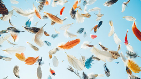 A mix of colorful bird feathers drifting through a clear, expansive sky, each feather suspended in gentle descent.の素材