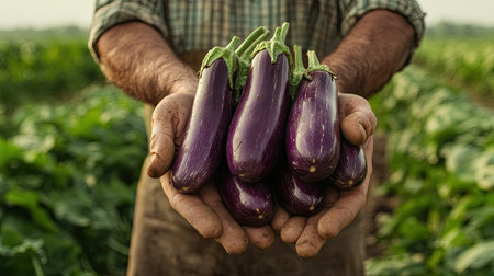 A farmer holding a bunch of freshly harvested Dutch eggplants with a soft, green field backdrop in natural light.の素材