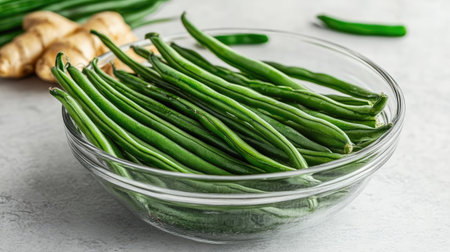 Yard-long beans in a glass bowl, arranged next to fresh ginger and chili, bringing a vibrant, healthy cooking atmosphere.の素材