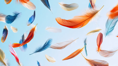 A mix of colorful bird feathers drifting through a clear, expansive sky, each feather suspended in gentle descent.の素材