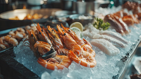 An assortment of raw seafood including prawns, clams, and filleted fish, carefully placed on ice, with natural lighting enhancing their freshness.の素材