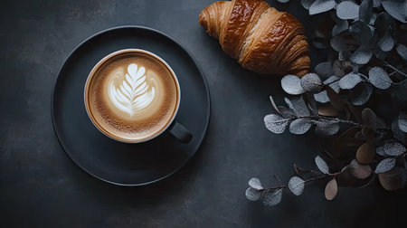 Top view of a latte and croissant on a dark retro tabletop, styled with warm lighting and vintage ambiance.の素材