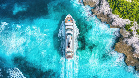 Bird's-eye view of an elegant white cruise ship navigating turquoise waters, with waves gently crashing against its hullの素材