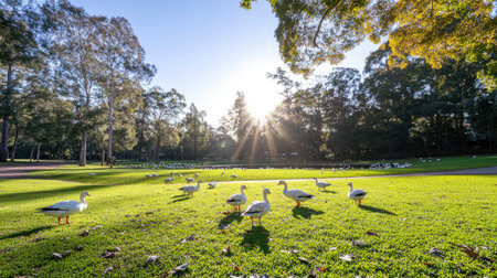 White geese on a lush green lawn, basking in bright sunlight, with a backdrop of trees and a clear blue sky, creating a lively scene.の素材