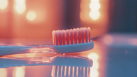 Transparent toothbrush with toothpaste, close-up on bristles against a bright, reflective background for a fresh, minimalist dental feel.の素材