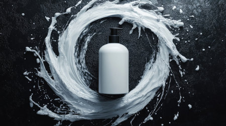 A sleek cream bottle mockup encircled by water splashes, emphasizing hydration and purity in an eye-catching composition.の素材