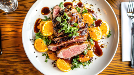 Roasted duck with golden skin, served with garnishes of fresh herbs and oranges on a white plate, creating a cozy, gourmet dining experience.の素材
