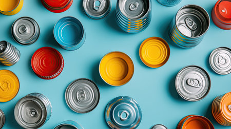 Vibrant plastic caps and shiny tin cans on a light background, encouraging eco-friendly recycling practices.の素材