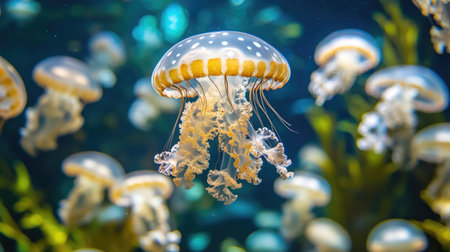 A mesmerizing school of jellyfish with clear bodies floating in an expansive aquarium, softly backlit in shades of blue and purple.の素材