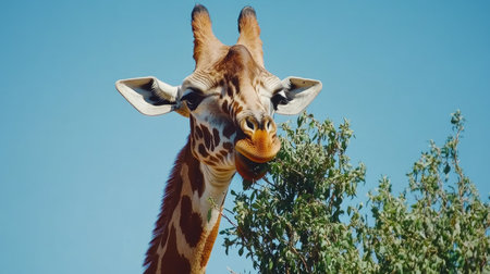 Giraffe gently grazing on leaves from a tall tree in the vast savanna, capturing its long neck and delicate, peaceful pose.の素材