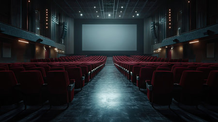 Empty cinema hall interior featuring rows of red seats and dim, ambient lighting central aisle visible, leading up to a large blank screenの素材