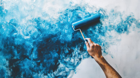 Close-up of hand holding roller brush with blue paint, making upward strokes on a blank white wallの素材