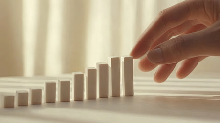 Fingers halting falling dominoes mid-topple, showing the abrupt stop in a continuous motion on a clean, light background.の素材