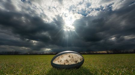 Rugby ball on a green field under cloudy skies, with light breaking through, capturing the intensity of the game environment.の素材
