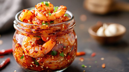 Close-up of Korean-style pickled shrimp in a glass jar, garnished with chopped chili peppers and garlic, showcasing the vibrant colors and textures.の素材