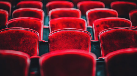 Empty cinema theater interior with neat rows of red seats under low ambient lighting screen ready for a new showの素材