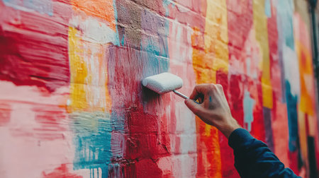 Close-up of hand with roller brush applying fresh white paint on a wall, creating a clean, bright surfaceの素材