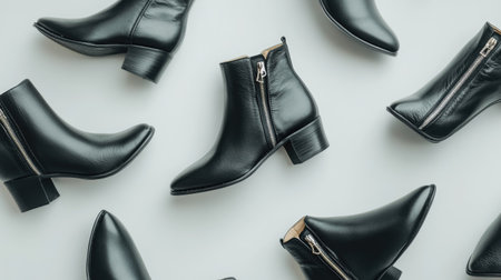 Fashionable black leather ankle boots with zipper detailing, arranged on a light gray background for a sleek, contemporary vibe.の素材