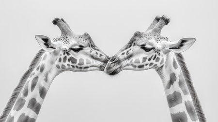 Two giraffes intertwining their long necks playfully, showing social grace and gentle interaction under a clear sky.の素材