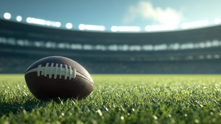 Rugby ball against lush grass, with stadium seating blurred in background, creating a sense of excitement before the crowd arrives.の素材