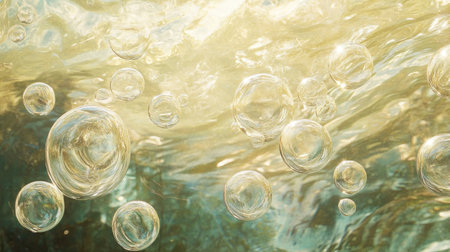 Air bubbles rising through soft, clear water waves, each bubble reflecting sunlight for a fresh, calming aquatic scene.の素材